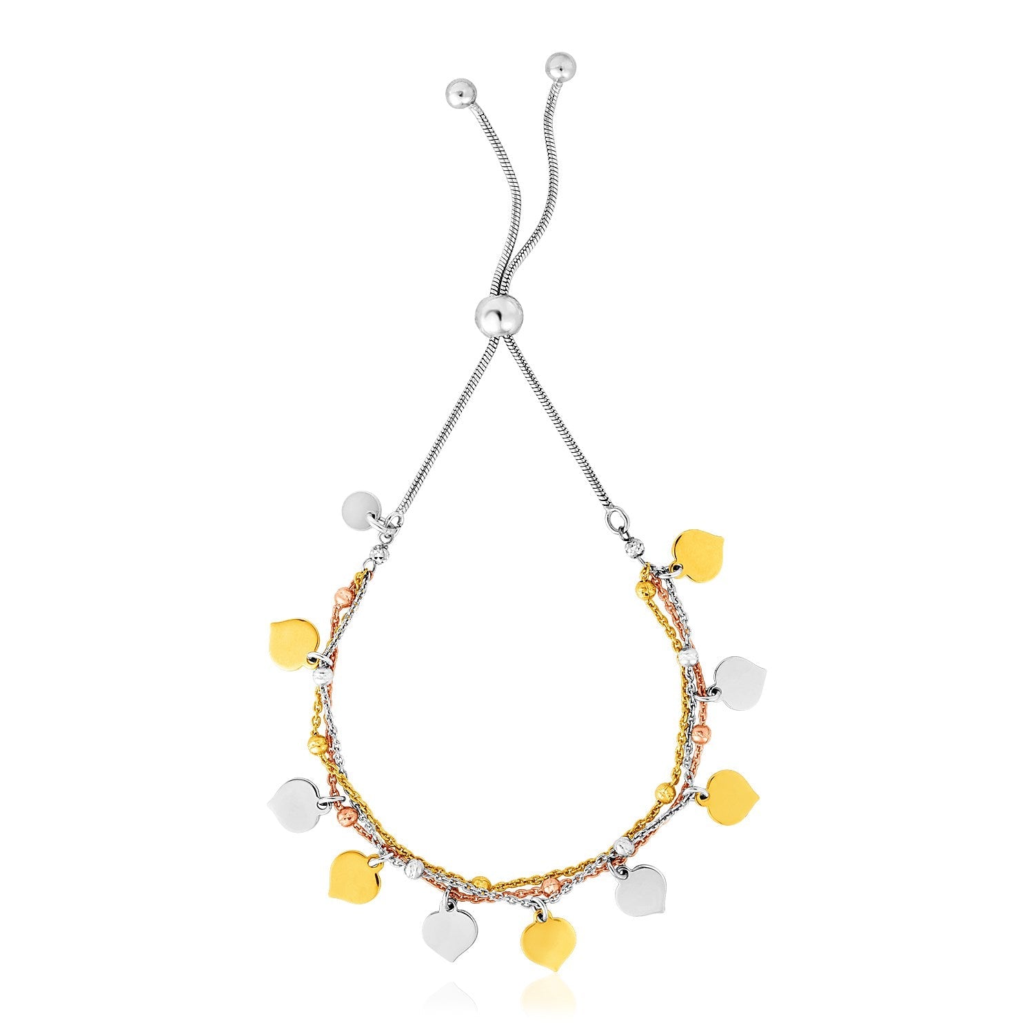 Sterling Silver Adjustable Three Toned Friendship Bracelet With Polished Hearts