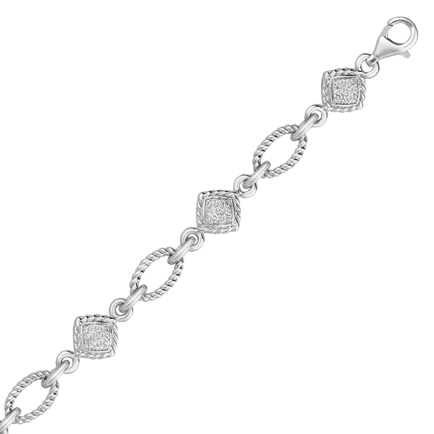 Sterling Silver Cable Oval And Square Link Bracelet With Diamonds (1/4 Cttw)