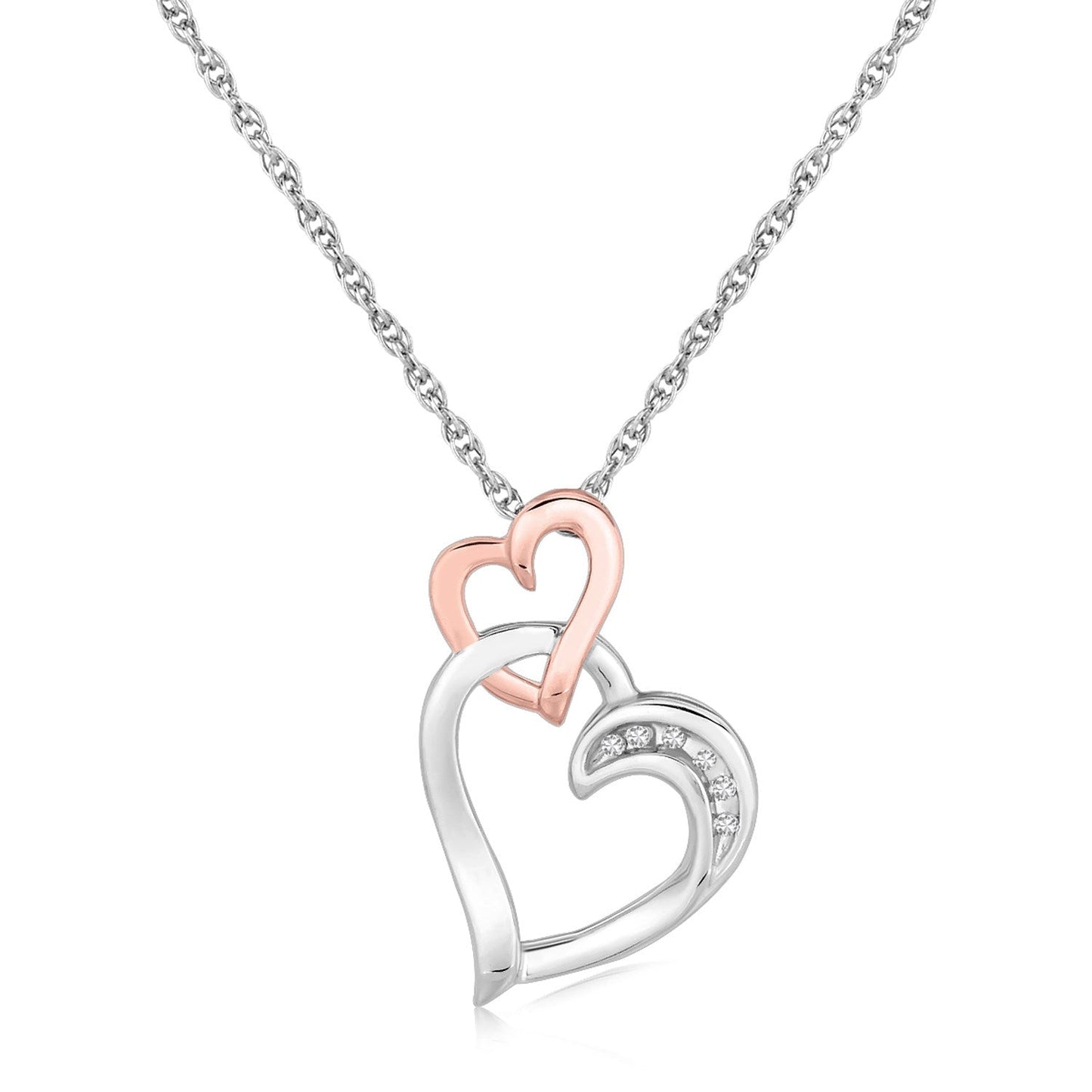 Sterling Silver Cascading Dual Heart Diamond Accented Pendant (.02 Cttw)