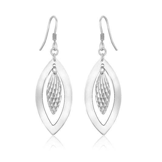 Sterling Silver Dangling Earrings With Dual Open And Textured Marquis Shapes