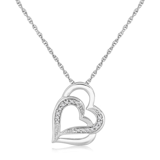 Sterling Silver Dual Heart Motif Pendant With Diamonds (.06 Cttw)