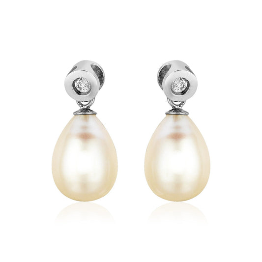 Sterling Silver Earrings With Pear Shaped Freshwater Pearls And Cubic Zirconias