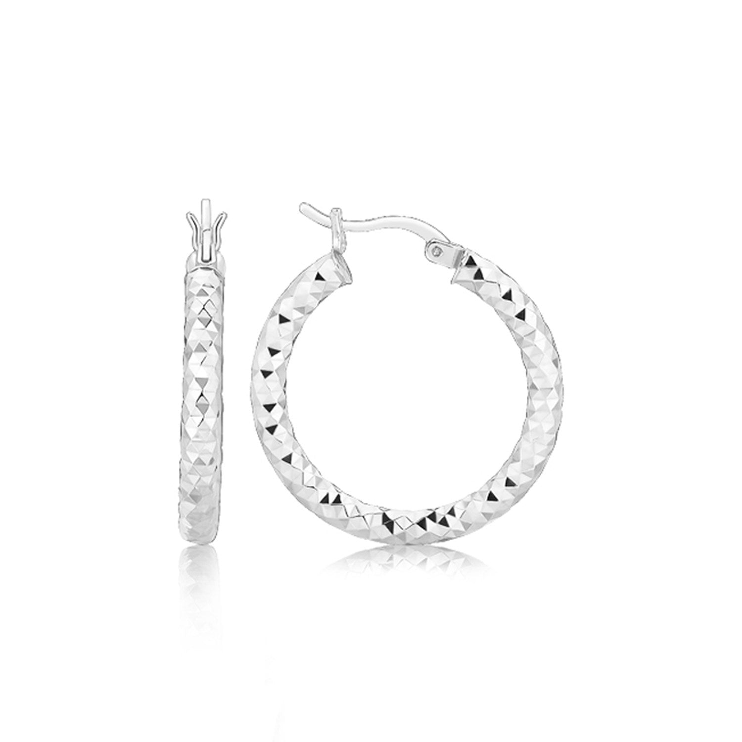 Sterling Silver Faceted Style Hoop Earrings With Rhodium Finishing