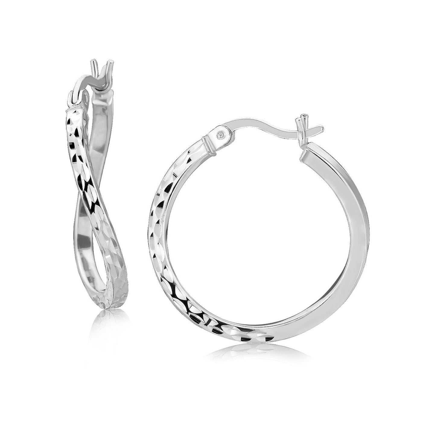 Sterling Silver Rhodium Plated Twist Style Hoop Diamond Cut Earrings (20Mm)