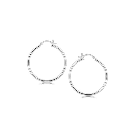 Sterling Silver Thin Polished Hoop Style Earrings With Rhodium Plating (30Mm)