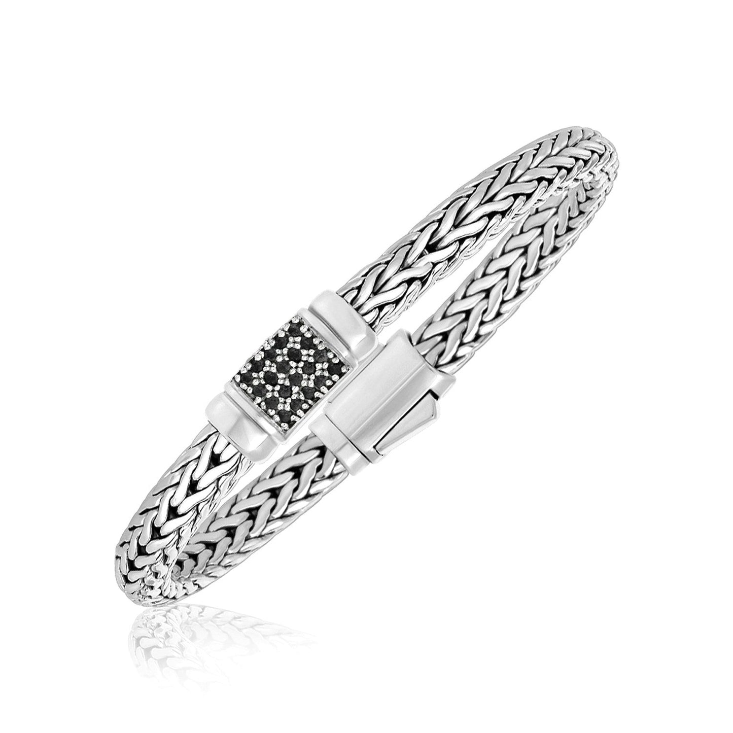 Sterling Silver Weave Style Bracelet With Black Sapphire Accents