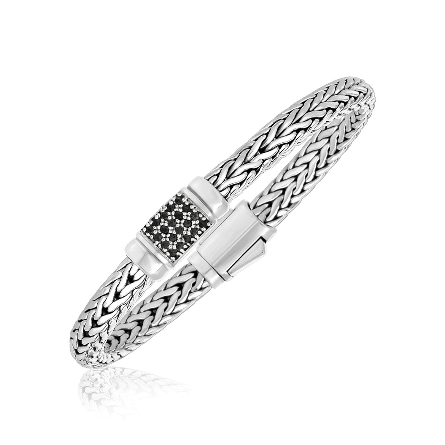 Sterling Silver Weave Style Bracelet With Black Sapphire Accents