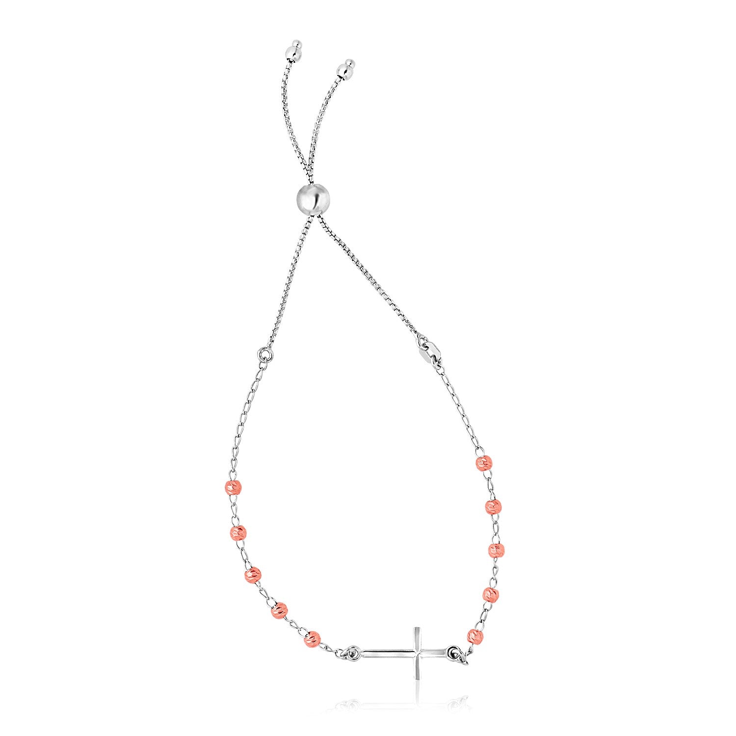 Sterling Silver White And Rose Finish Adjustable Bracelet With Cross