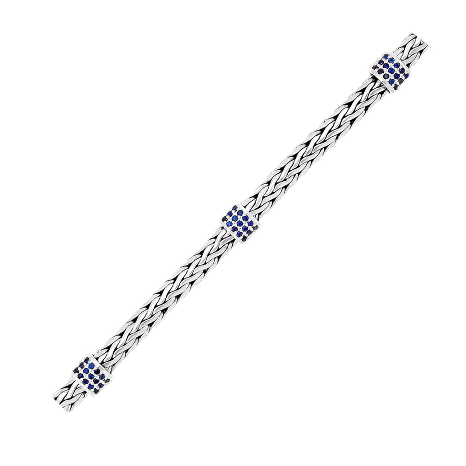 Sterling Silver Woven Bracelet With Blue Sapphire Stations
