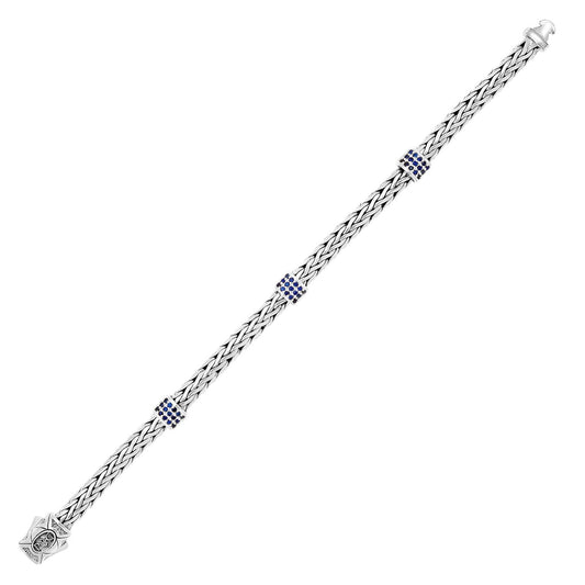 Sterling Silver Woven Bracelet With Blue Sapphire Stations