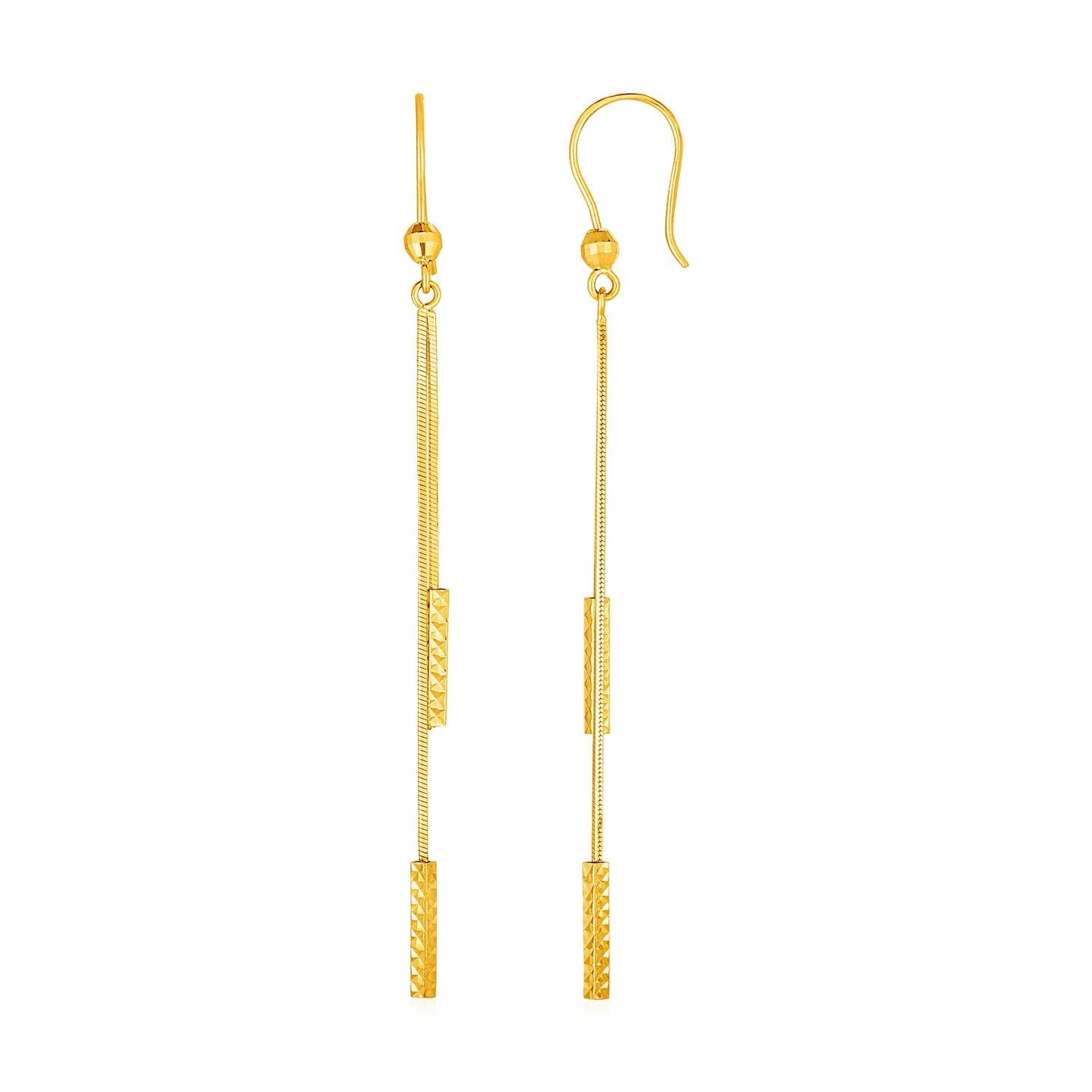 Textured Bar Long Drop Earrings In 14K Yellow Gold