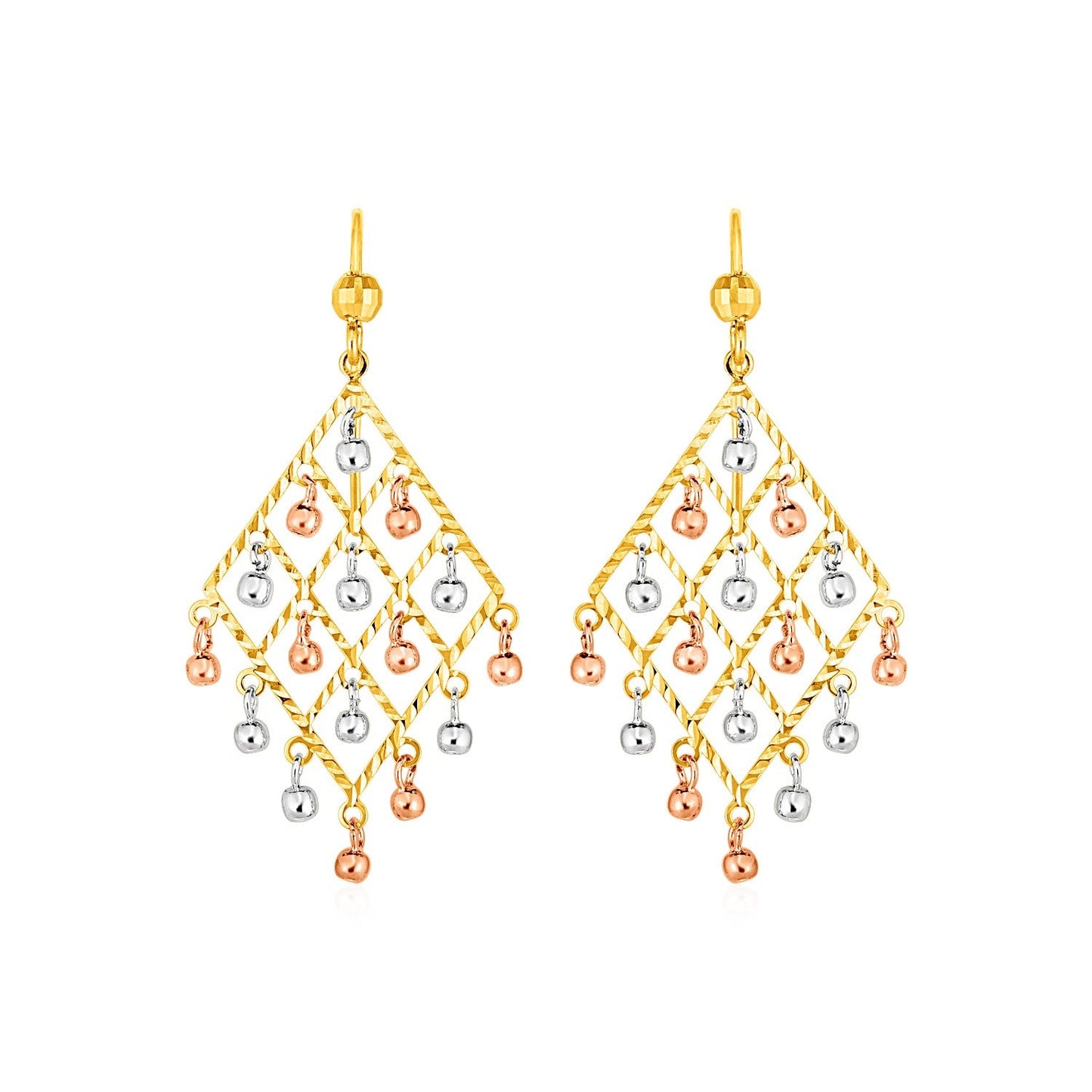 Textured Chandelier Earrings With Ball Drops In 14K Tri Color Gold