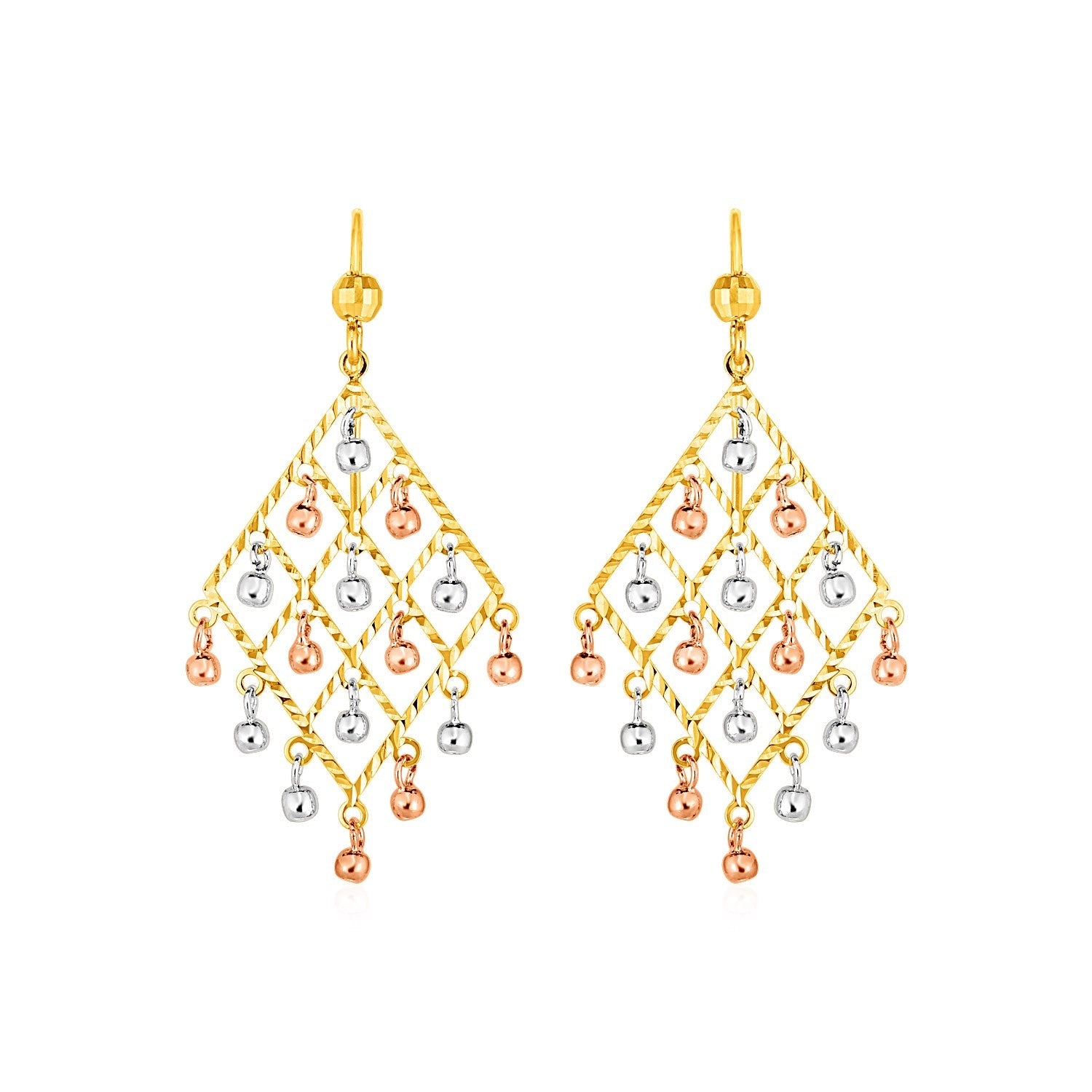 Textured Chandelier Earrings With Ball Drops In 14K Tri Color Gold