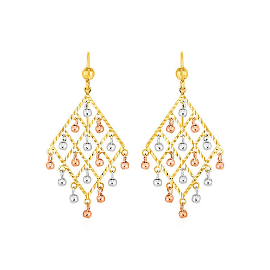 Textured Chandelier Earrings With Ball Drops In 14K Tri Color Gold
