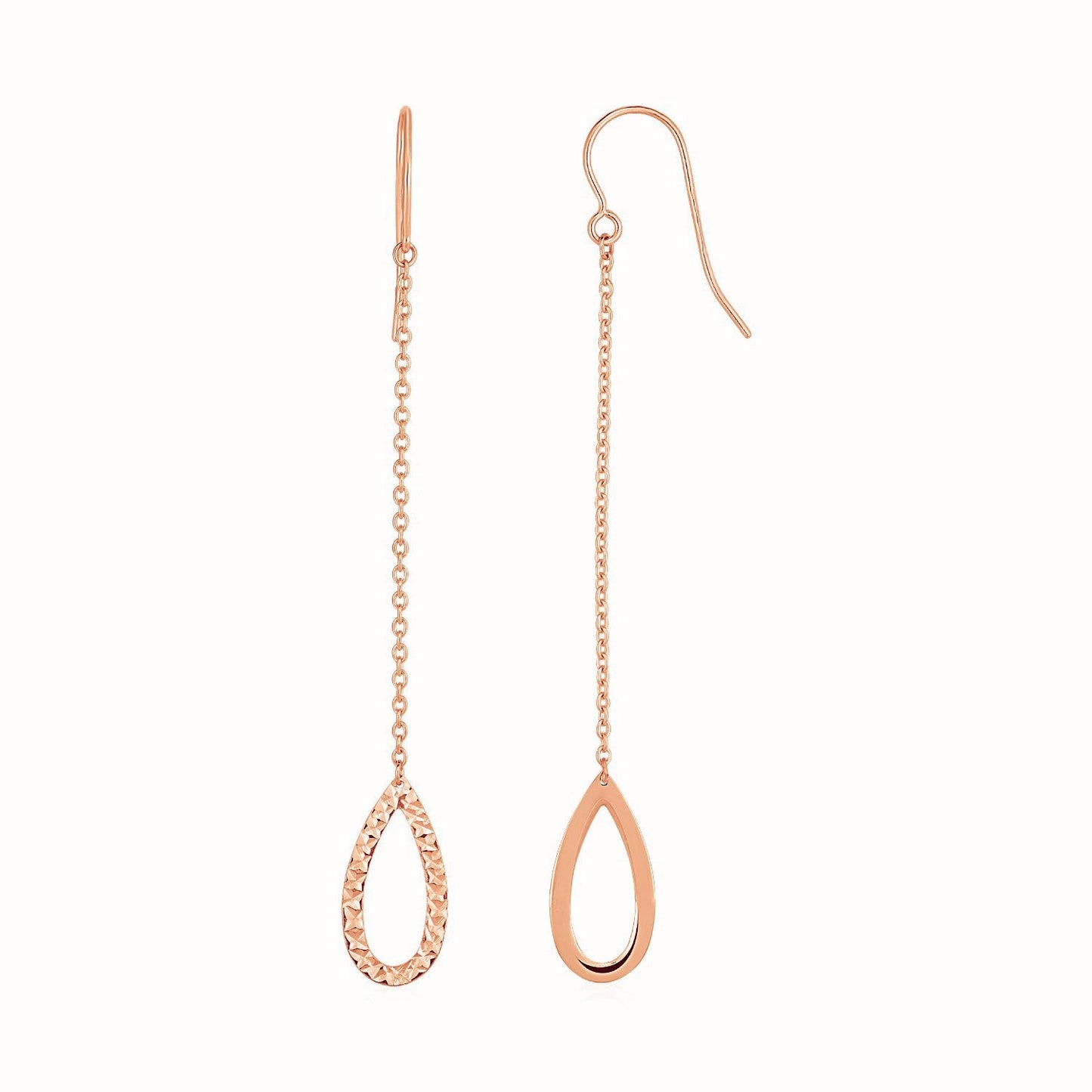 Textured Pear Shaped Long Drop Earrings In 14K Rose Gold