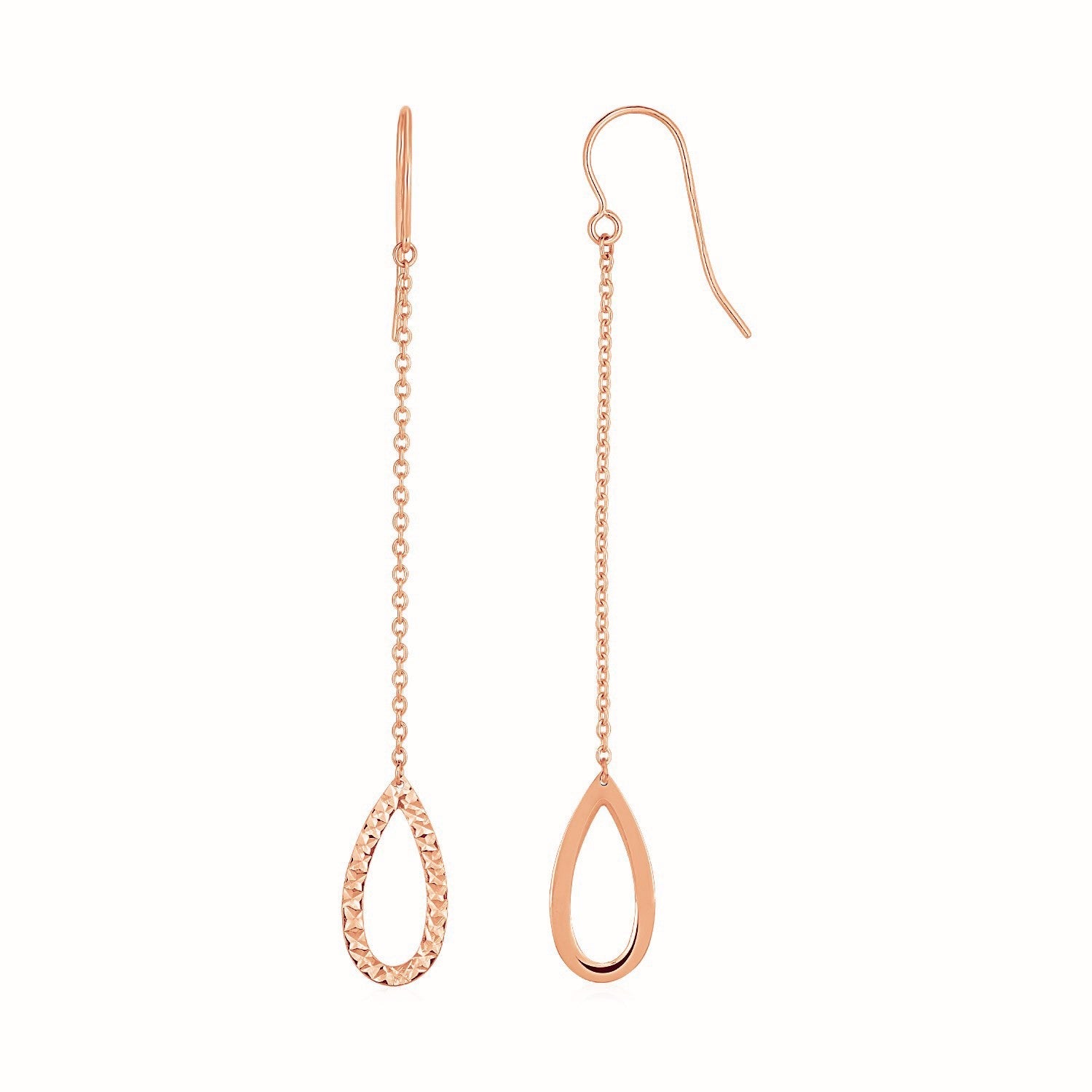 Textured Pear Shaped Long Drop Earrings In 14K Rose Gold