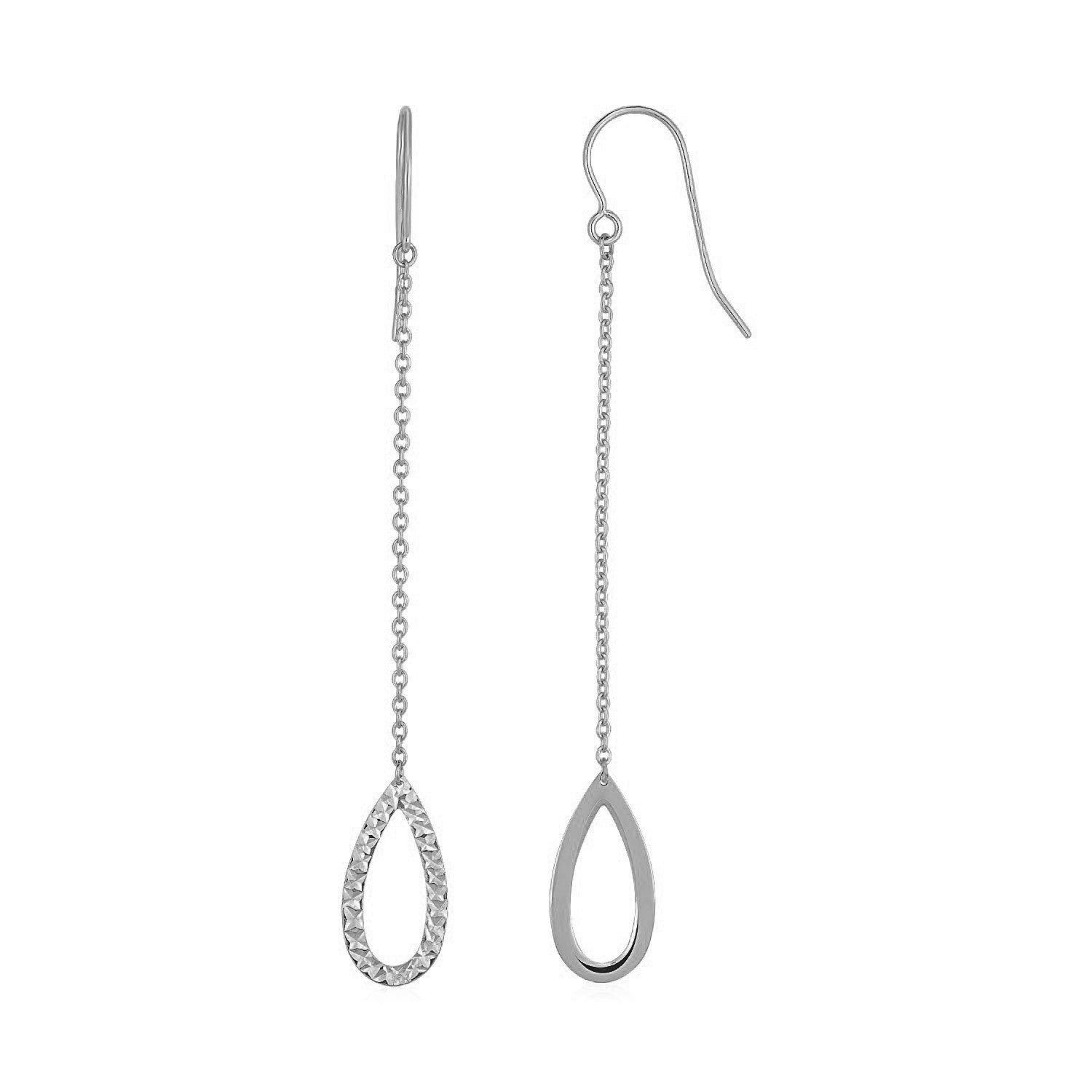 Textured Pear Shaped Long Drop Earrings In 14K White Gold
