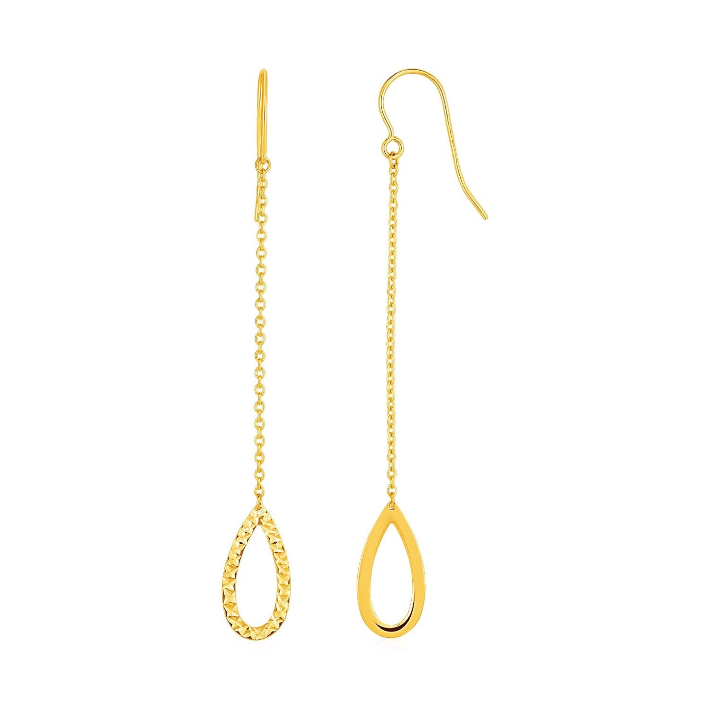 Textured Pear Shaped Long Drop Earrings In 14K Yellow Gold
