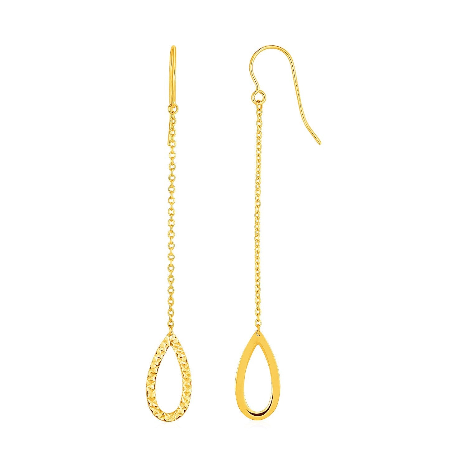 Textured Pear Shaped Long Drop Earrings In 14K Yellow Gold