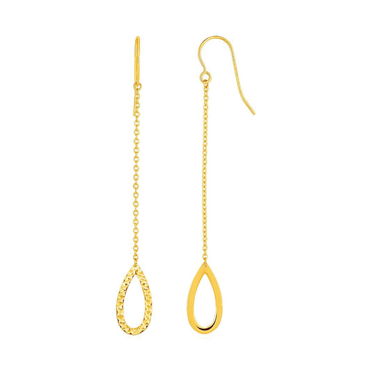 Textured Pear Shaped Long Drop Earrings In 14K Yellow Gold