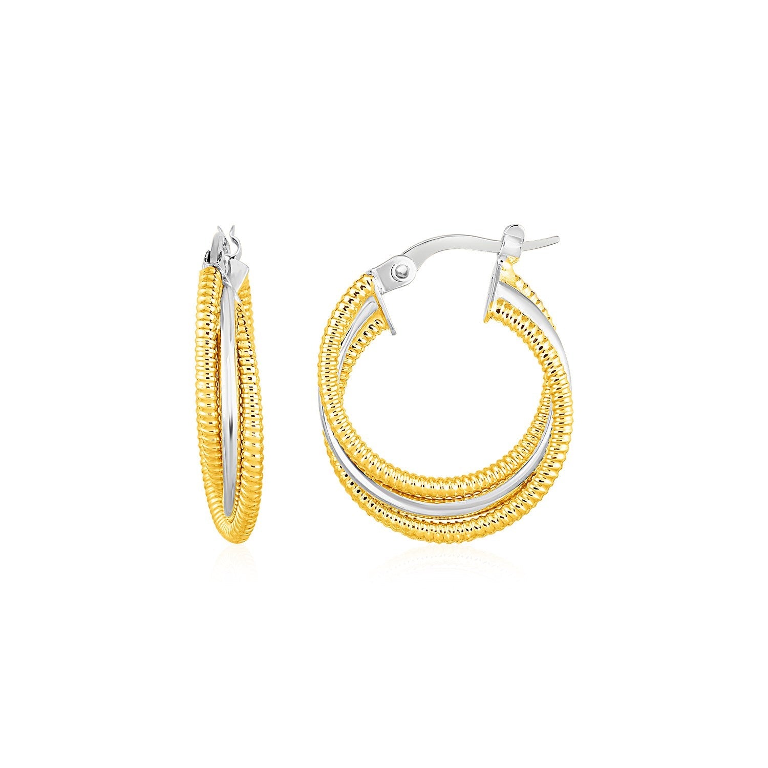 Three Part Textured And Shiny Hoop Earrings In 14K Yellow And White Gold