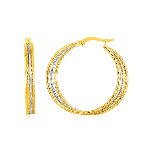 Three Part Textured Hoop Earrings In 14K Yellow And White Gold
