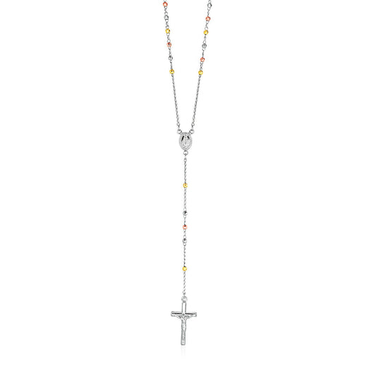 Three Toned Rosary Chain And Bead Necklace In Sterling Silver