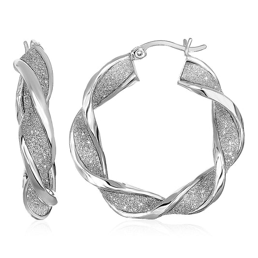 Twisted Glitter Textured Hoop Earrings In Sterling Silver