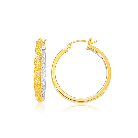 Two-Tone Yellow And White Gold Petite Patterned Hoop Earrings
