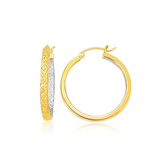 Two-Tone Yellow And White Gold Petite Patterned Hoop Earrings