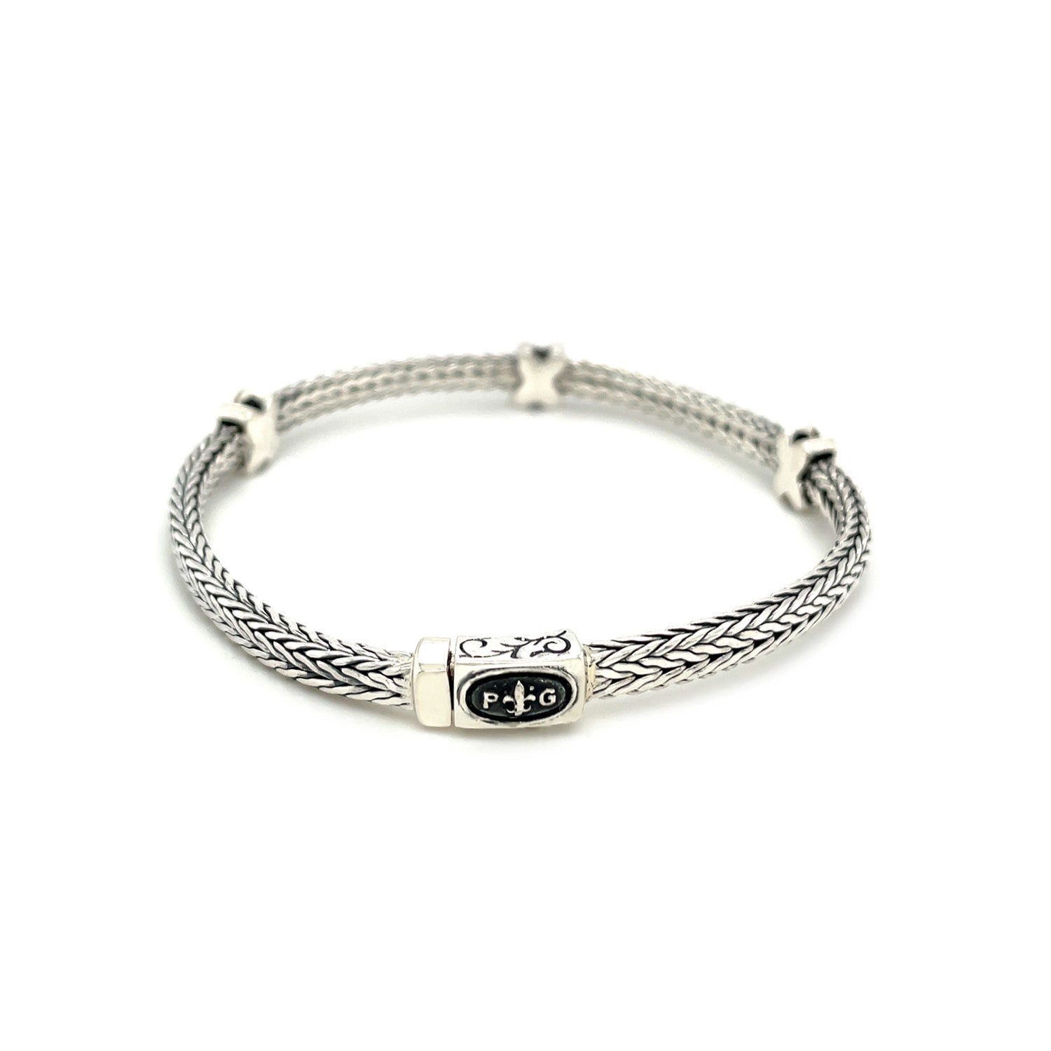 Woven Rope Bracelet With Black Sapphire X Accents In Sterling Silver