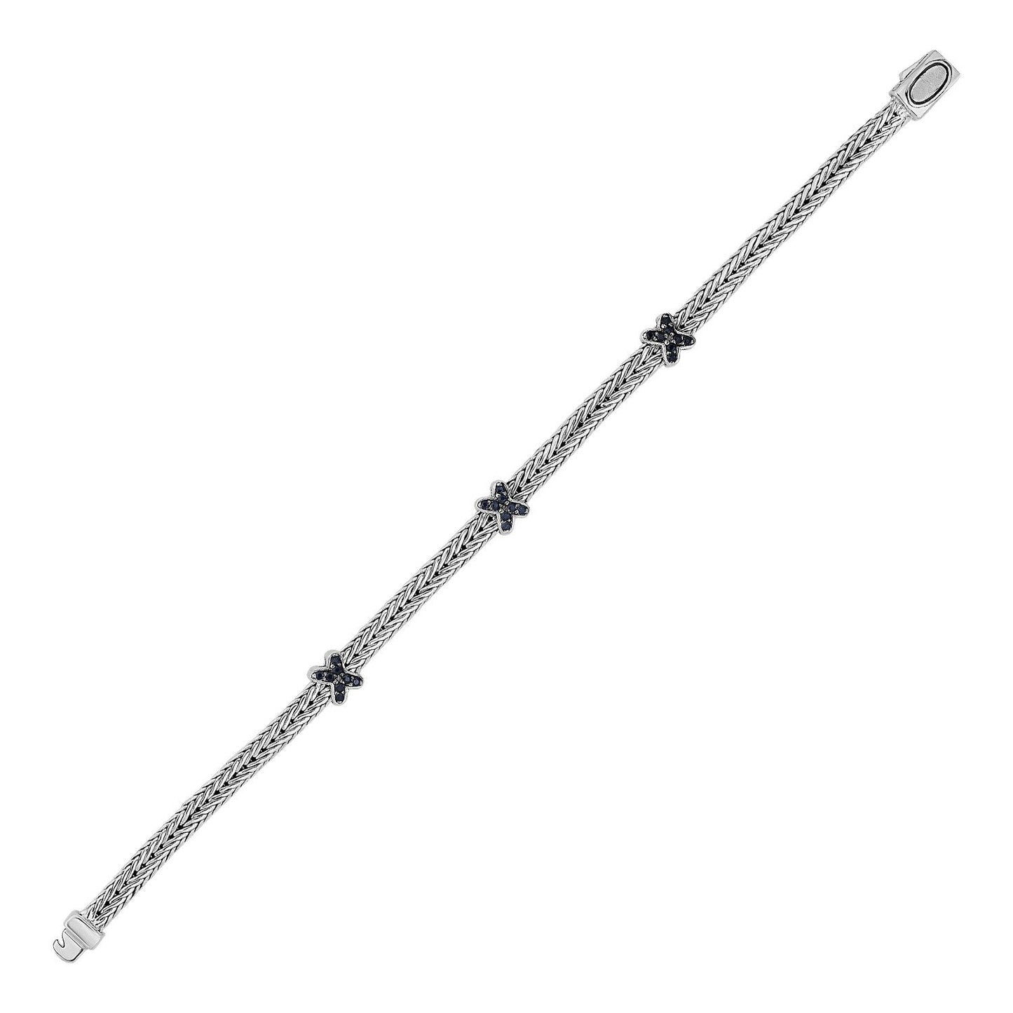 Woven Rope Bracelet With Black Sapphire X Accents In Sterling Silver