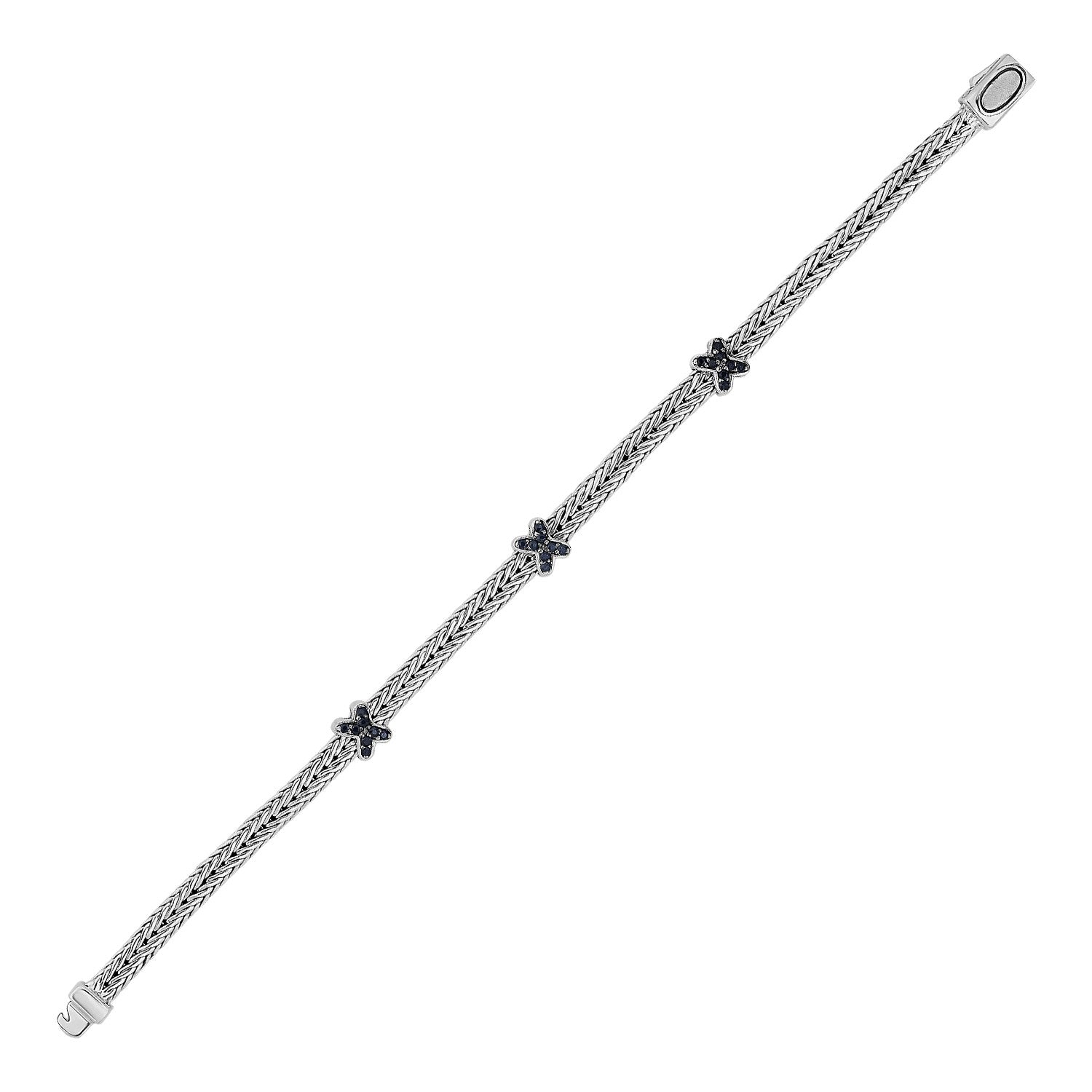 Woven Rope Bracelet With Black Sapphire X Accents In Sterling Silver