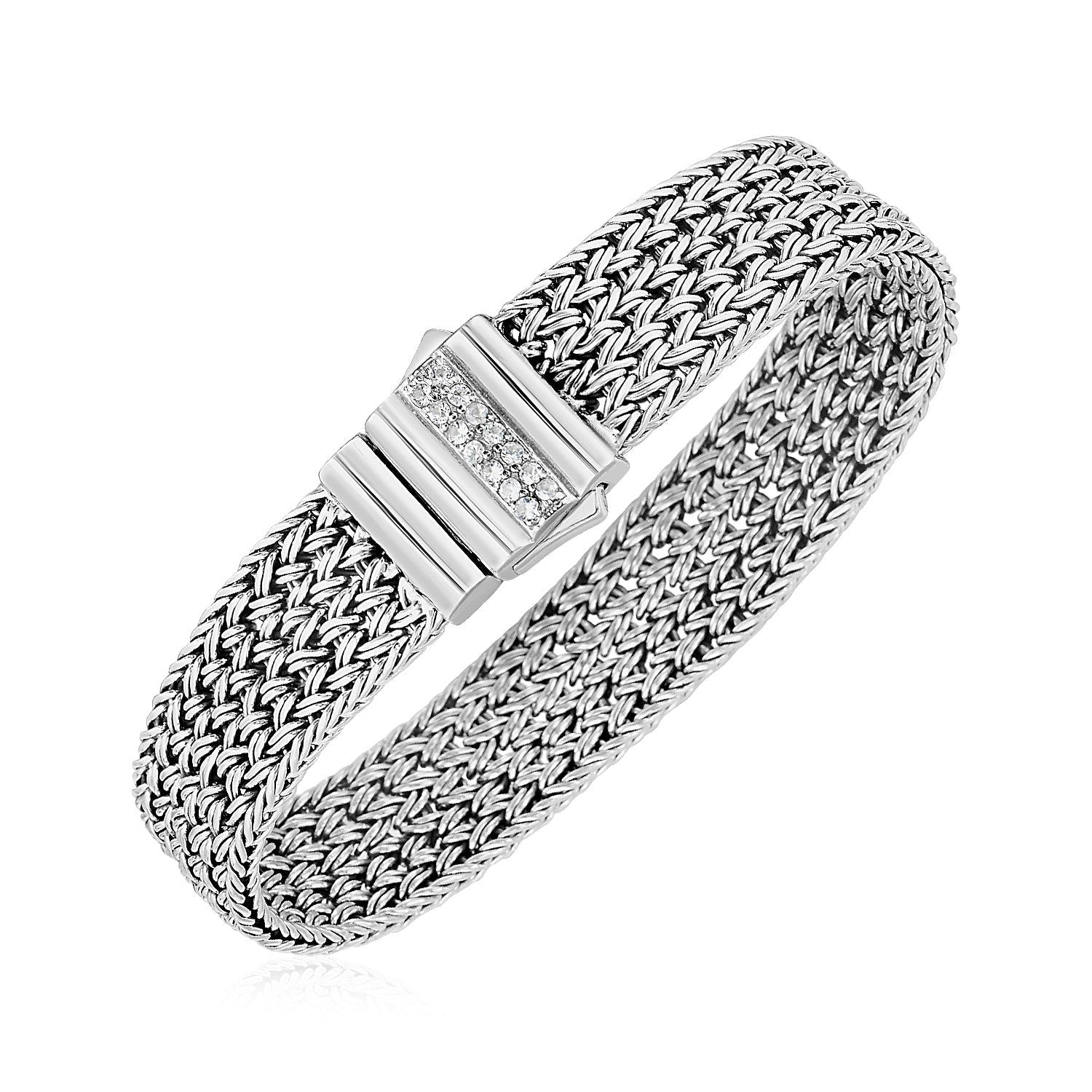 Woven Rope Bracelet With White Sapphire Accented Clasp In Sterling Silver