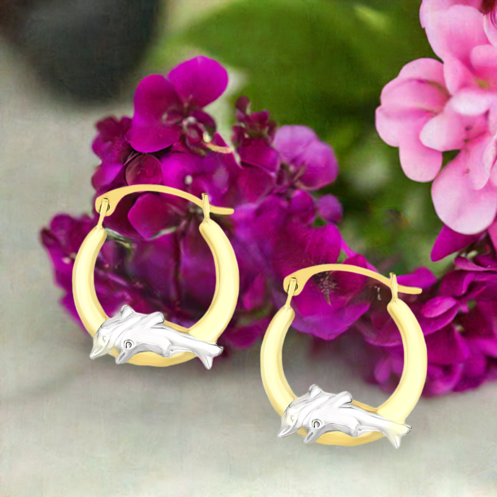 10K Two-Tone Gold Round Graduated Dolphin Design Hoop Earrings